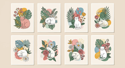 Eight abstract illustrations of cats with plants and colorful organic shapes