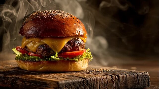 Mouth watering cheeseburger served with cherry tomatoes and microgreens