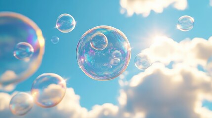 Iridescent soap bubbles floating against a bright blue sky with fluffy clouds and warm sunlight, evoking playful wonder and serene joy