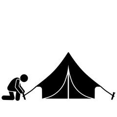 Stick figure building a camping tent outdoors