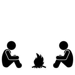 Stick figure sitting in front of campfire at night
