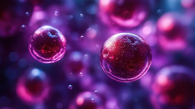 glowing purple and pink microscopic spheres and tiny particles floating in soft-focus space, evoking wonder and mystery