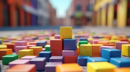 Colorful Wooden Blocks Arranged in a Cityscape with a Focus on a Central Yellow Block.