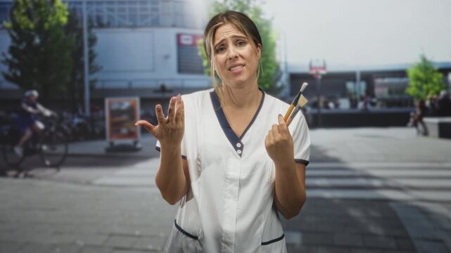 Nurse woman holding brushes with palm up gesture on busy street crosswalk with cyclists passing in repeated poses; confusion doubt.