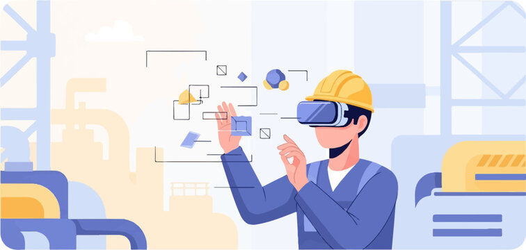 Engineer wearing VR headset interacts with digital schematics and industrial equipment