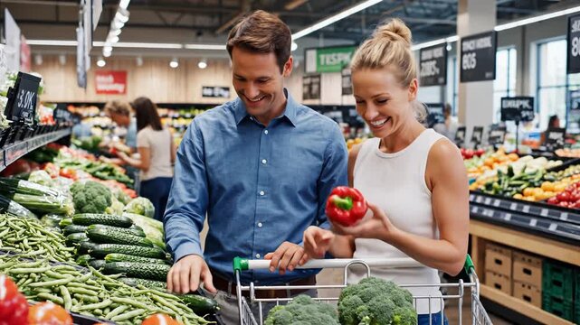 Couple shopping for vegetables in a grocery store