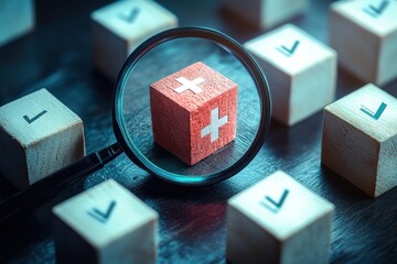 magnifying glass highlighting a red wooden cube with a white cross among natural wooden cubes stamped with check marks, evoking scrutiny and urgent attention