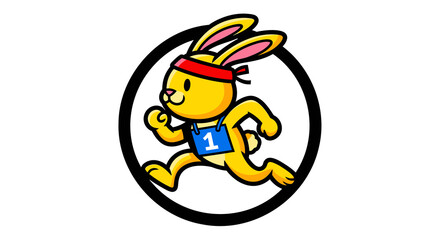 Naklejka premium Cartoon running rabbit in a circle, wearing a headband and number 1 bib, isolated on transparent background