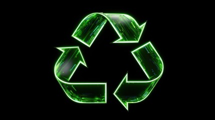Green Recycling Symbol Glowing on Black Background.