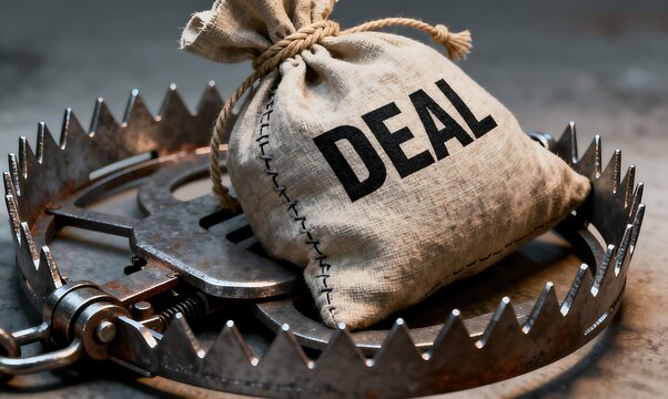 A dangerous business trap with a tempting 'DEAL' offer, symbolizing hidden risks and the allure of deceptive opportunities