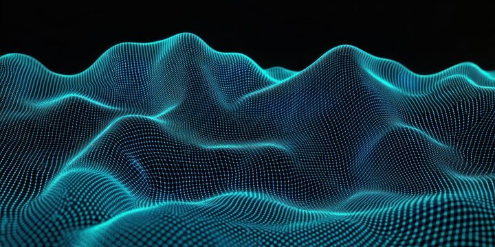 glowing teal wireframe landscape of undulating grid waves on a dark background, futuristic and serene digital terrain