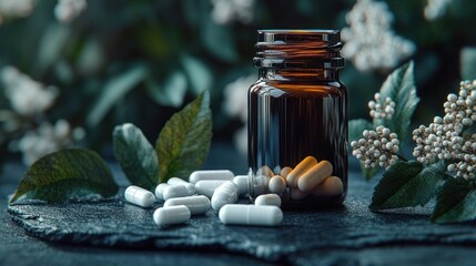 amber glass jar with white and beige capsules spilled on dark stone surrounded by green leaves and small white flowers, serene natural medicinal still life