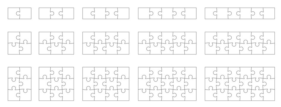 Jigsaw puzzle piece collection in different sizes. Set of 15 template with outline for game, infographic, educational design. Vector jigsaw picture texture collection. Puzzle grid business chain