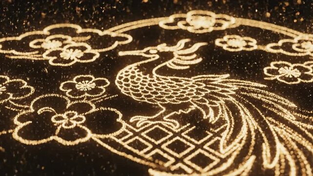 Chinese new year phoenix bird sand art festival gold pattern celebration with golden firework burst night sky spark trail holiday light explosion abstract background joy energy radiant glow luxury