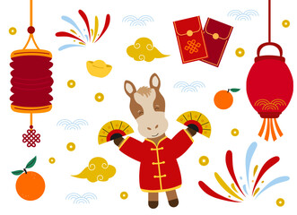 Cartoon horse celebrating Chinese New Year with a collection of festive icons like red envelopes, lanterns, and gold coins. Flat vector illustration on a white background.