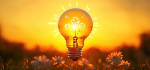 glowing light bulb with recycling and renewable energy icons hovering above wildflowers in a golden sunset, conveying hope and sustainable innovation