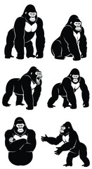 Gorilla Silhouette Various Poses Illustration.