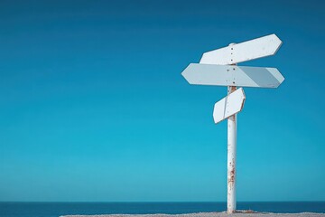 weathered signpost with blank directional arrows on a rusted pole by a calm blue sea under a clear sky, evoking quiet solitude and open possibility