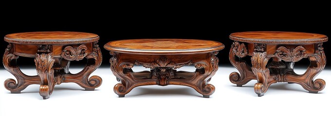 three ornate round carved wooden low tables with scroll legs, floral and lion motifs, polished rich finish, elegant and opulent antique furniture display