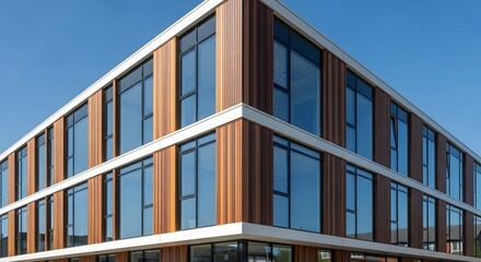 Obraz premium Contemporary building with brown wooden facade, white frames, and geometric windows under blue sky for urban design