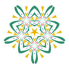 Abstract kaleidoscope floral pattern. Symmetrical vector ornament with a central star in green, yellow, pink, and blue