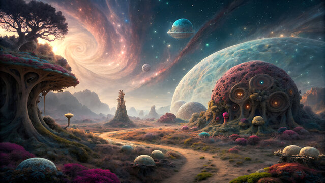 A surreal fantasy landscape of a dark alien planet where a blue moon and glowing sun illuminate an aurora borealis dancing over clouds and water beneath a starry night sky