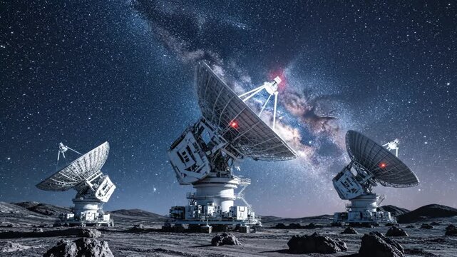Three large satellite dishes under starry sky