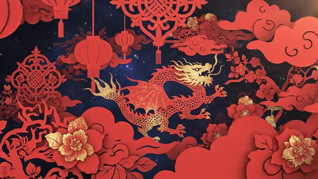 Chinese dragon new year red paper art festive lantern gold decoration oriental cloud floral pattern zodiac symbol holiday celebration spring festival luck night sky background happiness