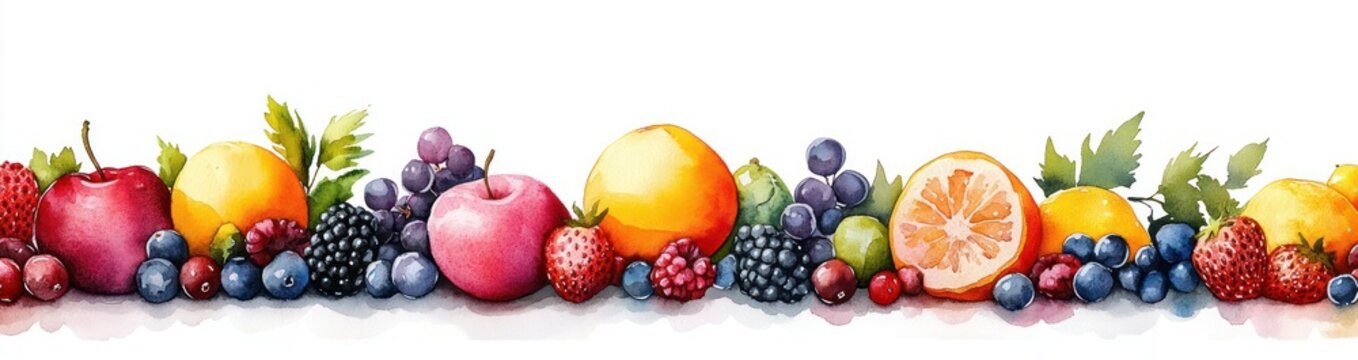 hand-painted watercolor border of fresh apples, oranges and sliced citrus, strawberries, grapes, blackberries, blueberries and raspberries with green leaves, bright cheerful and summery