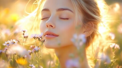 Fototapeta premium young woman with glowing blonde hair in a sunlit wildflower meadow, soft bokeh and warm golden-hour glow conveying dreamy peaceful tranquility