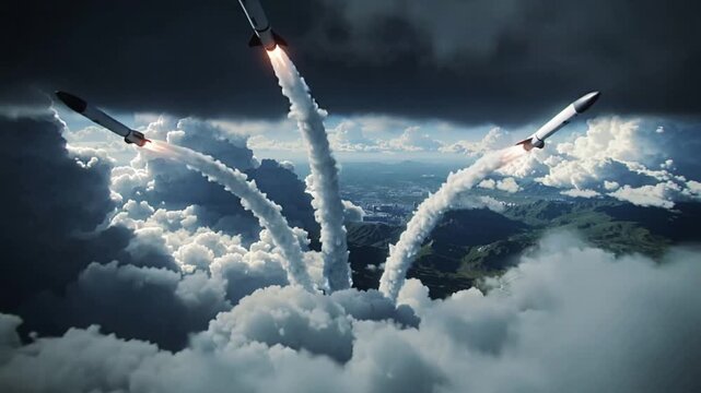 Rockets launch into the sky above clouds with mountains in the distance and cities below during a daytime event