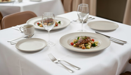 Fototapeta premium Elegant restaurant table set with grilled chicken, vegetables and wine glasses. Fine dining experience and gourmet meal
