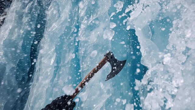 アイスクライミングで氷壁にピッケルを打ち込む接写映像