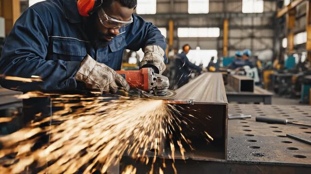 Worker grinding metal in factory