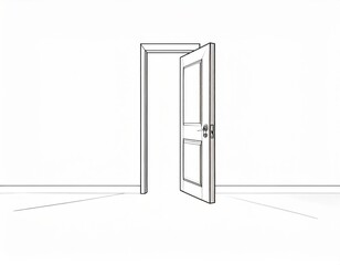 minimalist black and white illustration for literary book cover empty room with a single door slightly open, small shadow shaped like a person