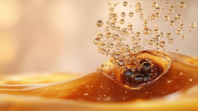 close-up of golden liquid with rising sparkling bubbles and dynamic splash, warm glowing tones conveying energy and effervescence