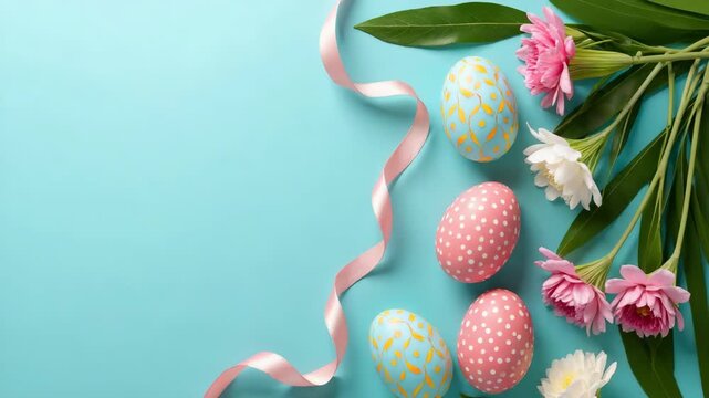 Easter composition made with flowers and eggs on bright blue background with ribbon copy space. Creative minimal holiday concept..