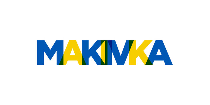 Makiivka in the Ukraine emblem. The design features a geometric style, vector illustration with bold typography in a modern font. The graphic slogan lettering.
