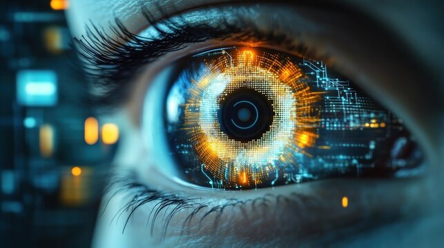 close-up human eye with glowing cybernetic iris and circuitry, intense focused gaze conveying wonder and high-tech integration