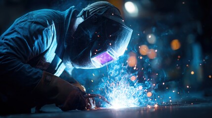 Close up of professional welder in protective helmet and gloves welding metal, creating bright sparks in industrial workshop environment.