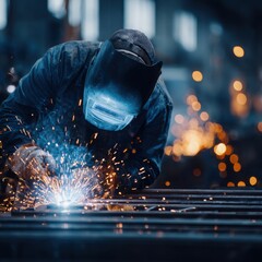 Close up of professional welder in protective helmet and gloves welding metal, creating bright sparks in industrial workshop environment.