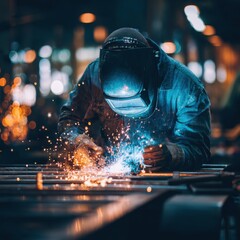 Close up of professional welder in protective helmet and gloves welding metal, creating bright sparks in industrial workshop environment.