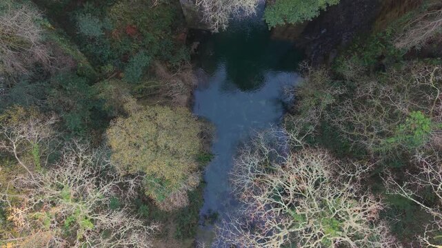 Santa Uxia Reservoir Along Ponte Pe&oacute;n Aqueduct In San Crimenso, Galicia, Spain. Aerial Shot