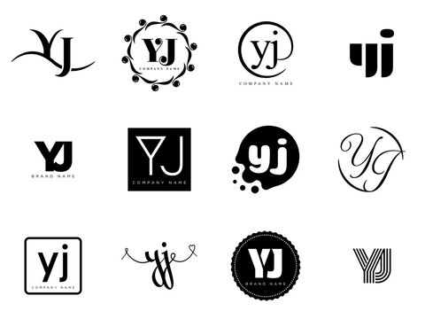 YJ logo company template. Letter y and j logotype. Set different classic serif lettering and modern bold text with design elements. Initial font typography.