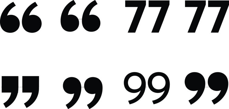 Black quotation marks and apostrophe icon set in different styles, solid vector punctuation symbols isolated on light background for typography and graphic design