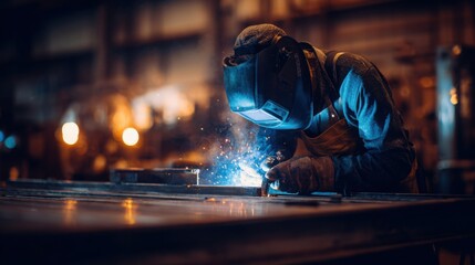 Close up of professional welder in protective helmet and gloves welding metal, creating bright sparks in industrial workshop environment.