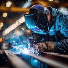 Close up of professional welder in protective helmet and gloves welding metal, creating bright sparks in industrial workshop environment.