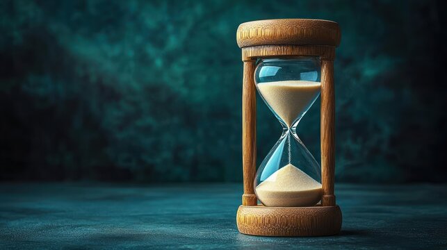 wooden hourglass with flowing sand on dark teal textured background, warm dramatic lighting evoking quiet contemplation and the passage of time