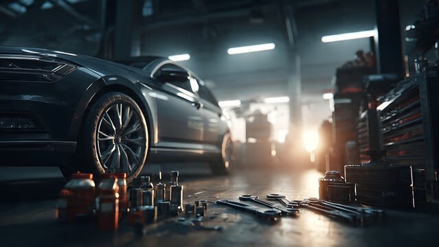 Automotive tools are meticulously arranged on a dark garage floor, with a sleek modern car dimly lit in the background of a professional repair shop.