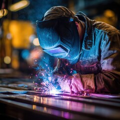 Close up of professional welder in protective helmet and gloves welding metal, creating bright sparks in industrial workshop environment.